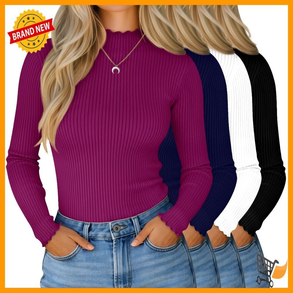 Mock Turtleneck Tops Cotton Long Sleeve Ribbed Slim Fit Casual Fall Basic Tees